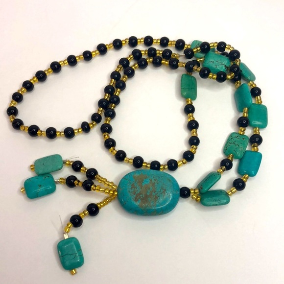 Blue Turquoise And Onyx Gemstone Bead Necklace 28” Long - Picture 5 of 6